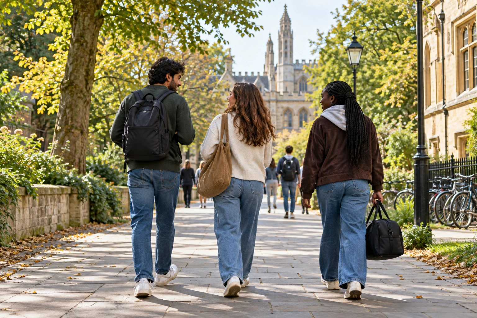 Illustration of students walking together in a UK university town